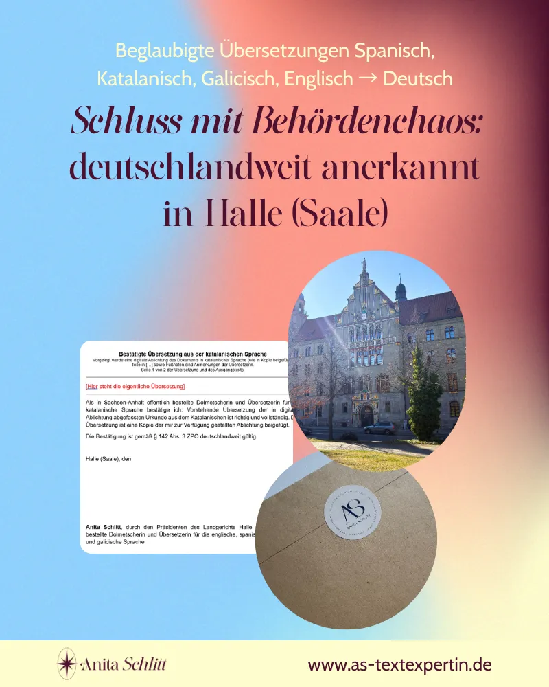 Beeidigte Übersetzerin für Spanisch, Katalanisch, Galicisch und Englisch in Halle (Saale)